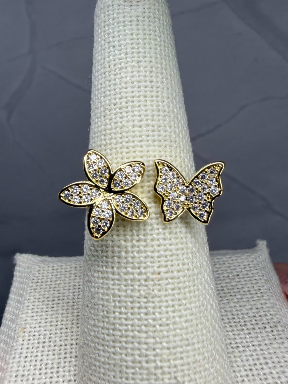 Adjustable Ring 18K Gold-Plated Butterfly Flower Pave CZ Cubic Zirconia NEW